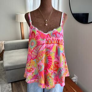 Julie Brown New York Satin Pink Paisley Flowy Tank Top Tropical Fairy Size Large